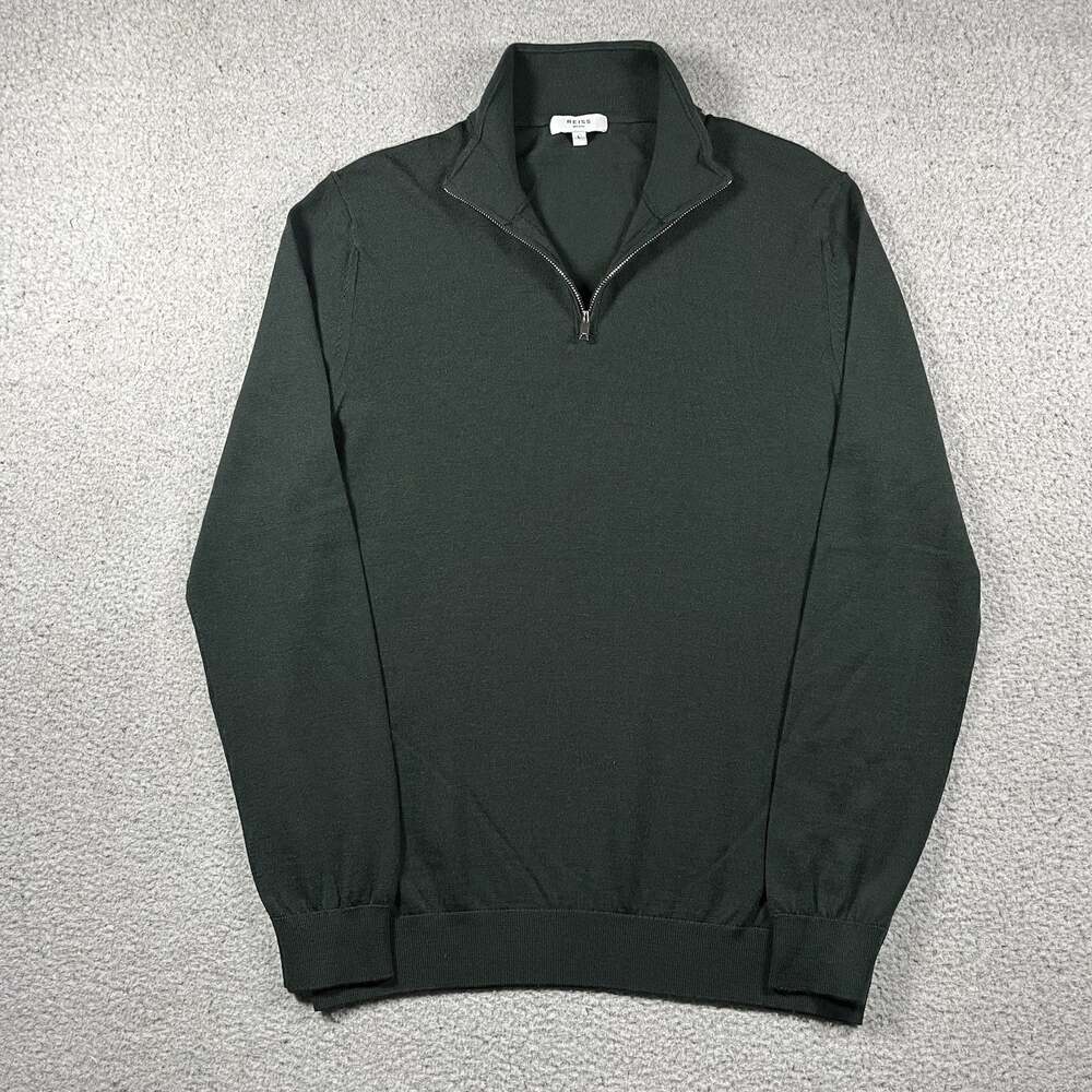 Reiss Sweater Mens L Green 100% Wool 1/4 Zip Pullover Luxury Jumper Long Sleeve